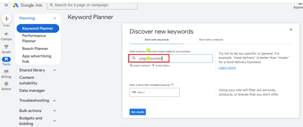 Google Keyword Planner Dashboard for advanced keyword research technique