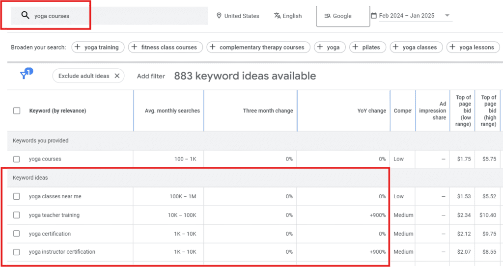 Google Keyword Planner Keywords dashboard