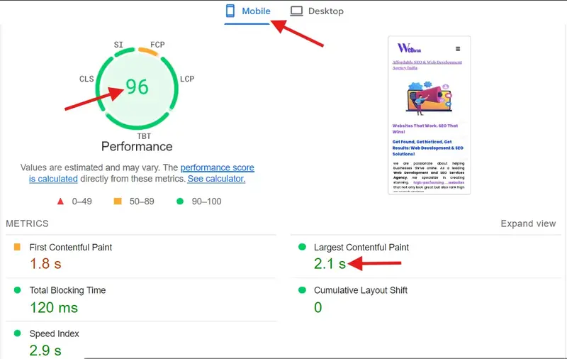 Webbrink Mobile Speed on Google PageSpeed Insights for Local SEO