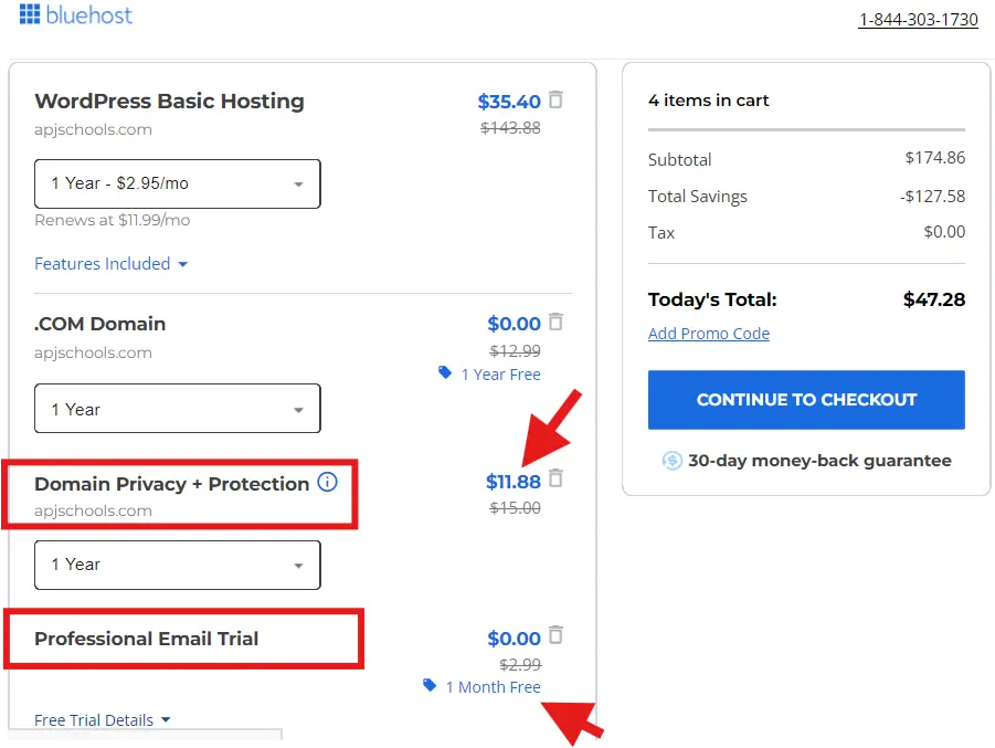 Domain privacy is not free in all Bluehost plans & Backup free for just 1 year