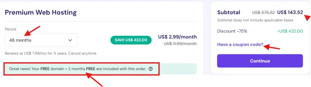 Hostinger Premium Hosting 48-month+2-month free Pricing