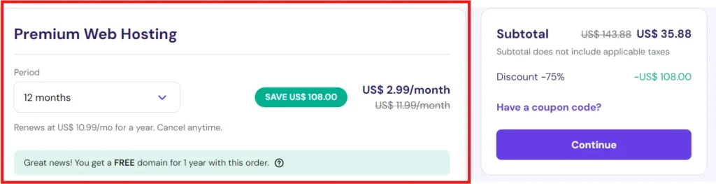 Hostinger cart showing no Upselling