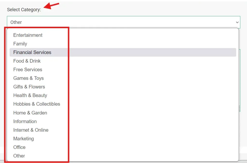 Select the Category in Prepostseo site for ping submission