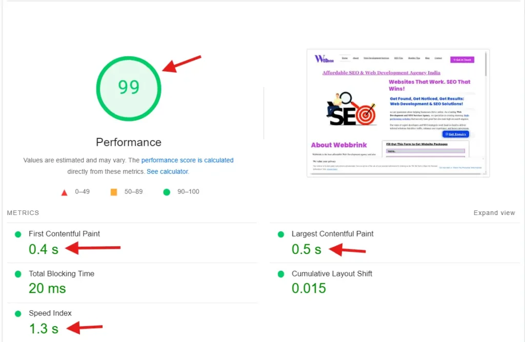 Webbrink Desktop Speed on Google PageSpeed Insights
