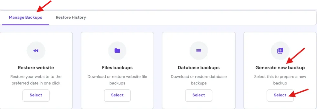 generating an on-demand backup from the Hostinger hPanel